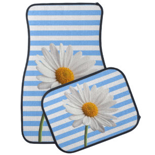 Blue and White Stripe White Daisy Car Floor Mat