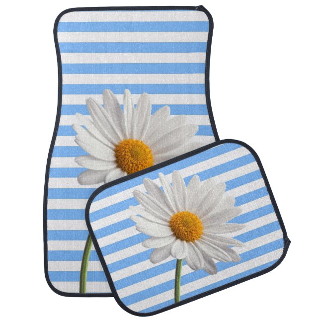 Blue and White Stripe White Daisy Car Floor Mat (Set)