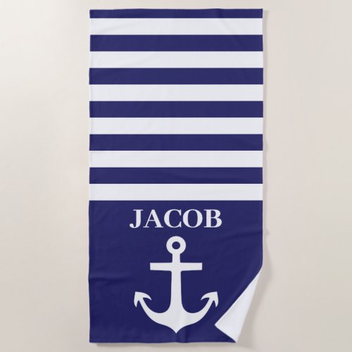 Blue and White Striped Anchor Beach Towel