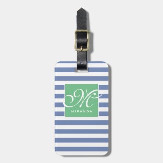 Blue and White Striped and Green Frame - Monogram Luggage Tag