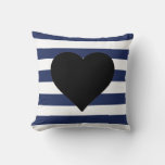Blue And White Striped Black Heart Throw Pillow at Zazzle