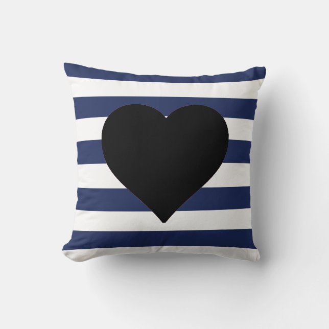 Blue and White Striped Black Heart Throw Pillow (Front)