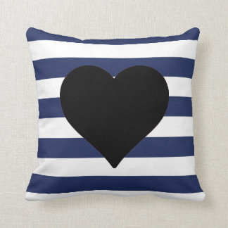Blue and White Striped Black Heart Throw Pillow