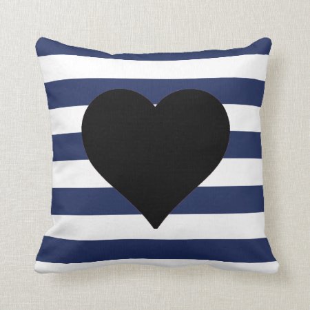 Blue And White Striped Black Heart Throw Pillow