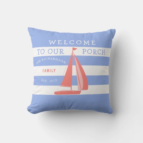 Blue and White Striped Coral Sailboat Nautical Outdoor Pillow
