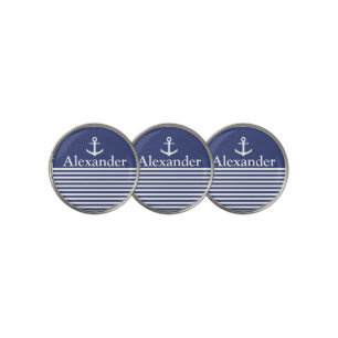 Blue and White Striped Custom Name Nautical Golf Ball Marker