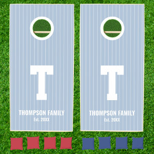 Blue and White Striped Family Monogram Name Cute Cornhole Set