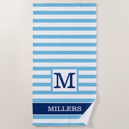 Blue And White Striped Family Name Monogrammed Beach Towel