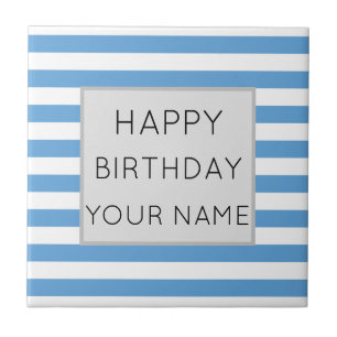 Blue And White Striped Happy Birthday Ceramic Tile