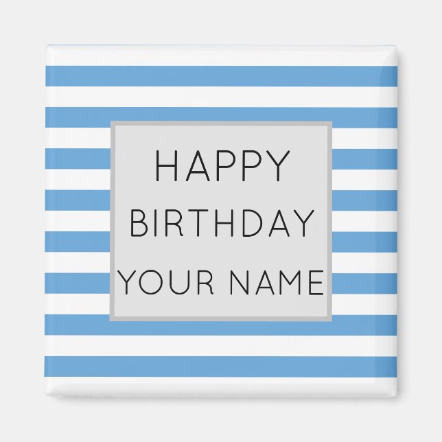 Blue And White Striped Happy Birthday Ceramic Tile Magnet (Front)