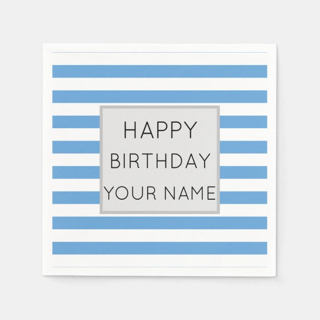 Blue And White Striped Happy Birthday Napkins (Front)