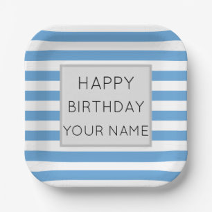 Blue And White Striped Happy Birthday Paper Plates