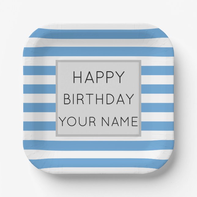 Blue And White Striped Happy Birthday Paper Plates (Front)