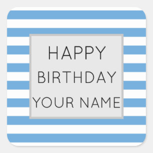 Blue And White Striped Happy Birthday Square Sticker
