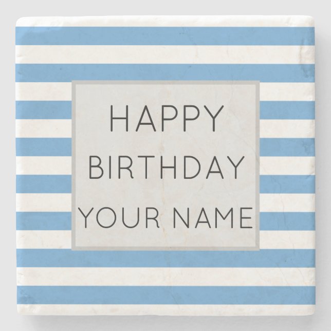 Blue And White Striped Happy Birthday Stone Coaster (Front)