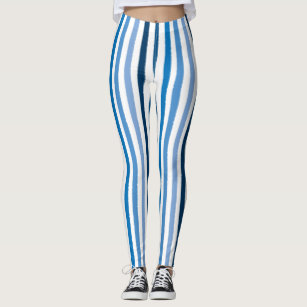 Aqua blue and White stripes lines - horizontal Leggings by Art by