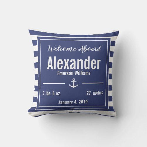 Blue and White Striped Nautical Anchor Nursery Throw Pillow