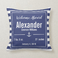 Blue and White Striped Nautical Anchor Nursery Throw Pillow