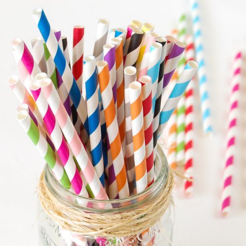 Blue and White Striped Paper Straws