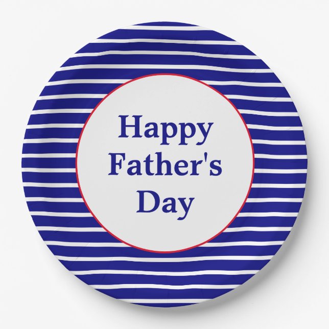 Blue and White Striped Pattern Happy Father's Day Paper Plates (Front)