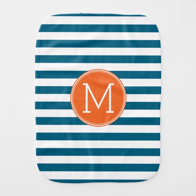 Blue and White Striped Pattern Orange Monogram Baby Burp Cloth (Front)