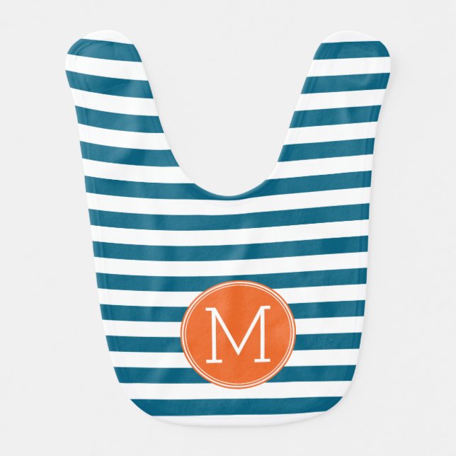 Blue and White Striped Pattern Orange Monogram Bib (Front)