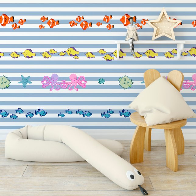 Blue and white striped print with colourful fish,  wallpaper  (Blue and white striped print with colourful fish, wallpaper)