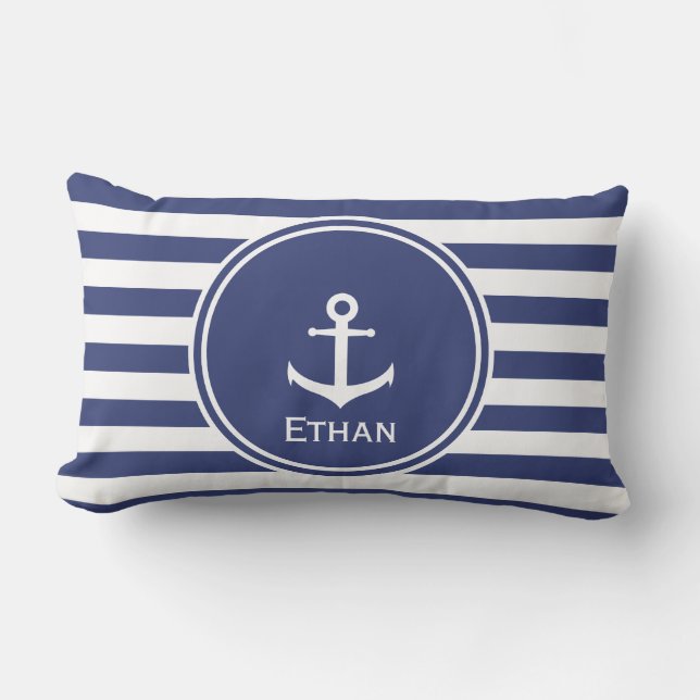 Blue and White Striped with Anchor and Custom Name Lumbar Pillow (Front)
