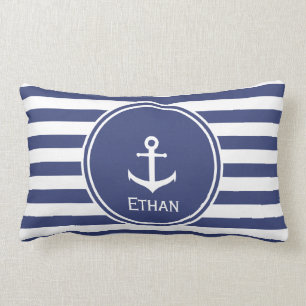 Blue and White Striped with Anchor and Custom Name Lumbar Pillow