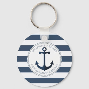 Blue and white striped with anchor personalized keychain