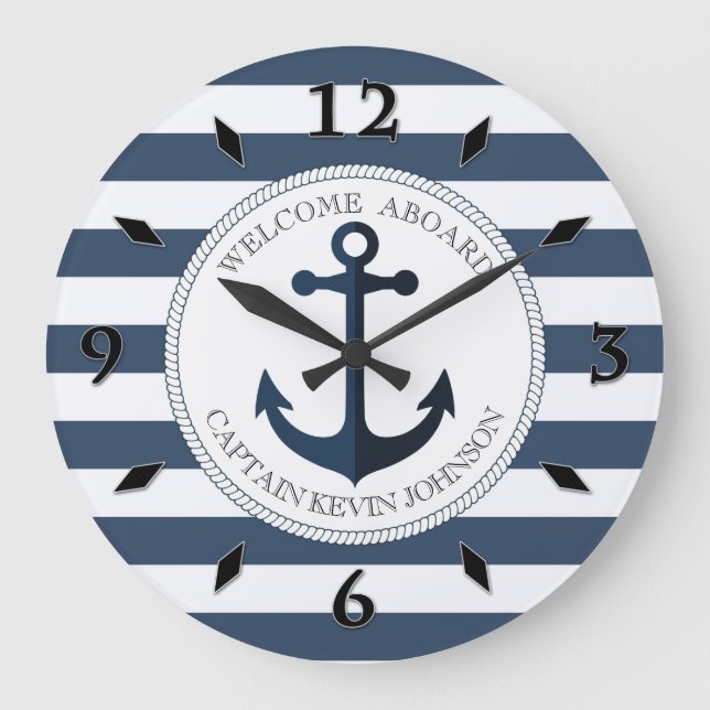 Blue and white striped with anchor personalized large clock (Front)