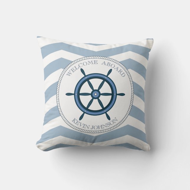 Blue and white striped with anchor personalized throw pillow (Front)