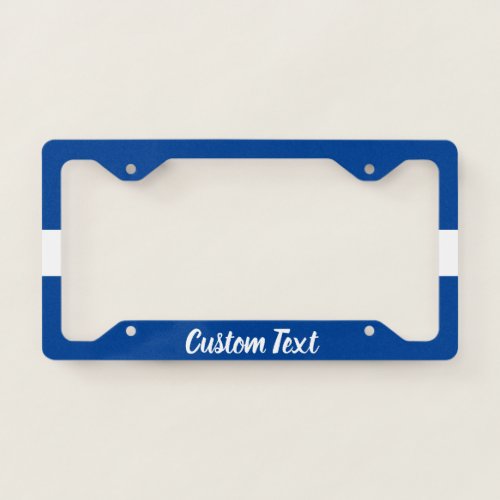 Blue and White Striped with White Script License Plate Frame