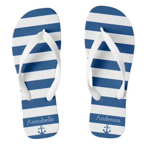 Blue and White Stripes Anchor Personalize Flip Flops