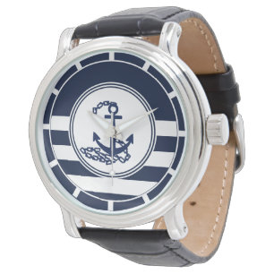 Blue And White Stripes, Anchor Symbol Sailor Style Watch