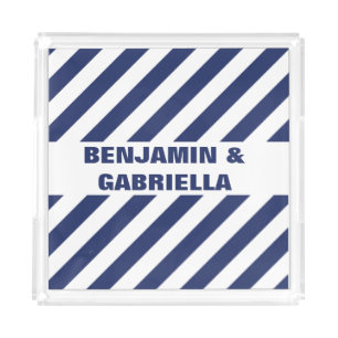 Blue And White Stripes And Names Acrylic Tray