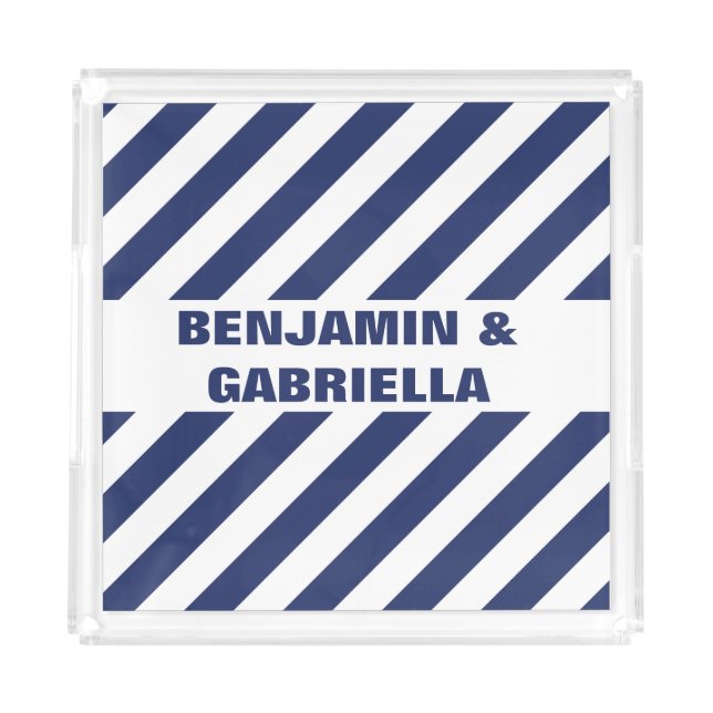 Blue And White Stripes And Names Acrylic Tray (Front)