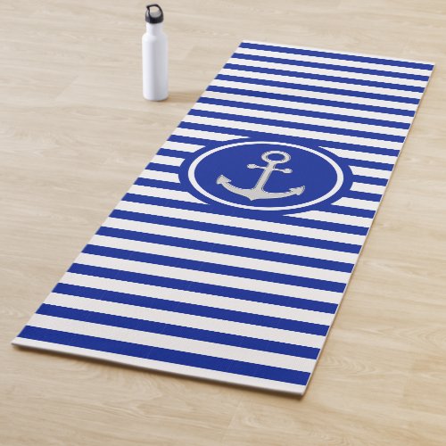Blue and White Stripes and Silver Gray Anchor Yoga Mat
