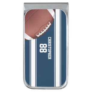 Blue and White Stripes Jersey Football Silver Finish Money Clip