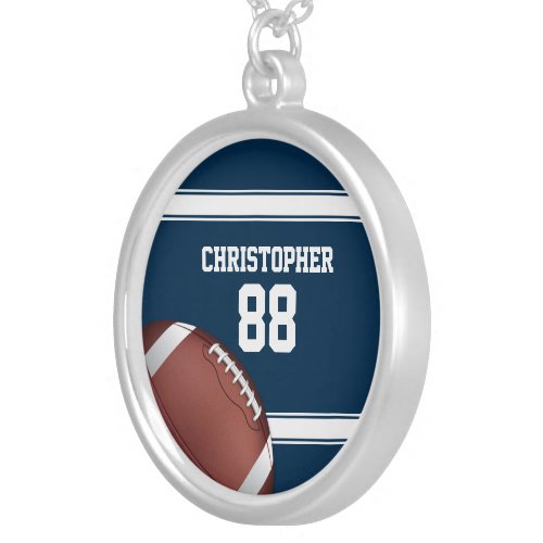 Blue and White Stripes Jersey Football Silver Plated Necklace