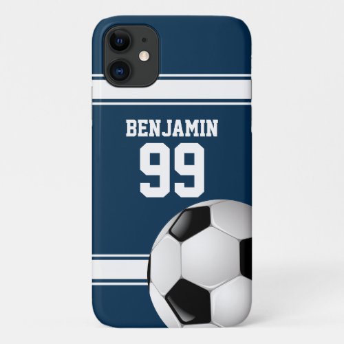 Blue and White Stripes Jersey Soccer Ball iPhone 11 Case