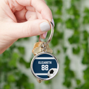 Blue and White Stripes Jersey Soccer Ball Keychain