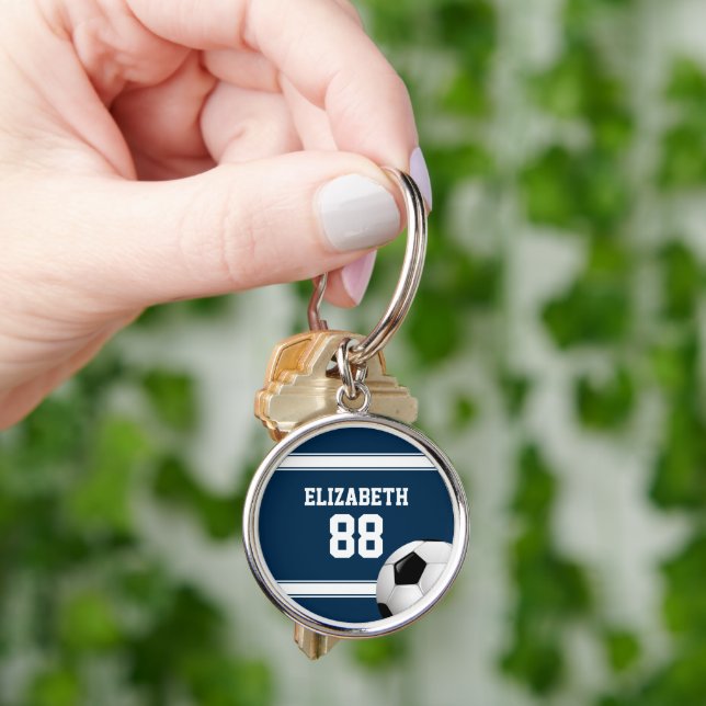 Blue and White Stripes Jersey Soccer Ball Keychain (Hand)