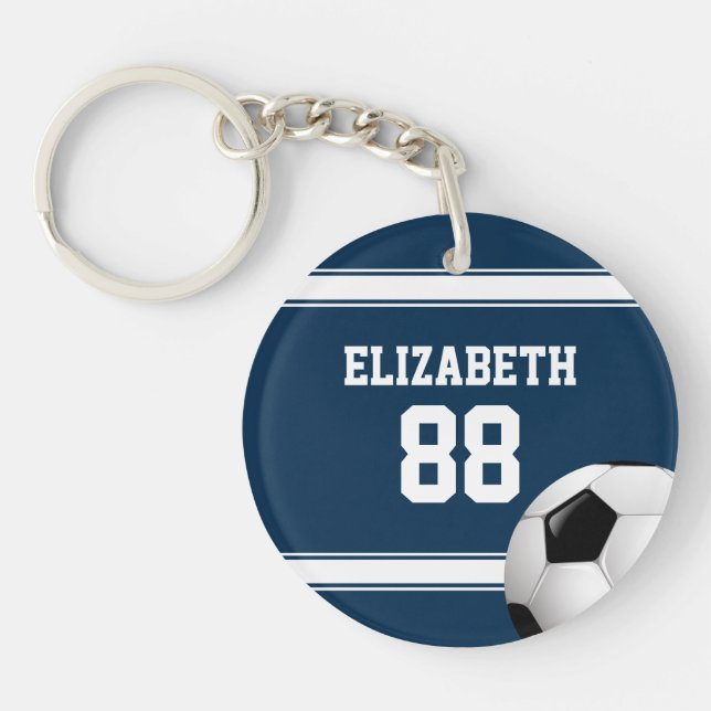 Blue and White Stripes Jersey Soccer Ball Keychain (Front)