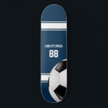 Blue and White Stripes Jersey Soccer Ball Skateboard<br><div class="desc">Perfect for the soccer fan or soccer player whose team colors are dark blue and white, with a soccer jersey style design in dark blue with white stripes and customizable text for their name and number. A soccer ball is also featured as part of the design. Would you like this...</div>