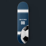 Blue and White Stripes Jersey Soccer Ball Skateboard<br><div class="desc">Perfect for the soccer fan or soccer player whose team colors are dark blue and white, with a soccer jersey style design in dark blue with white stripes and customizable text for their name and number. A soccer ball is also featured as part of the design. Would you like this...</div>
