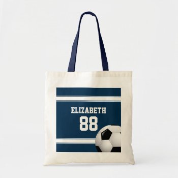 Blue And White Stripes Jersey Soccer Ball Tote Bag by giftsbonanza at Zazzle