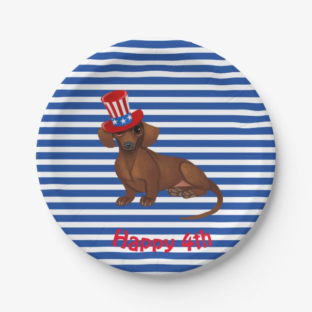 Blue and White Stripes July 4th Dachshund Plates (Front)