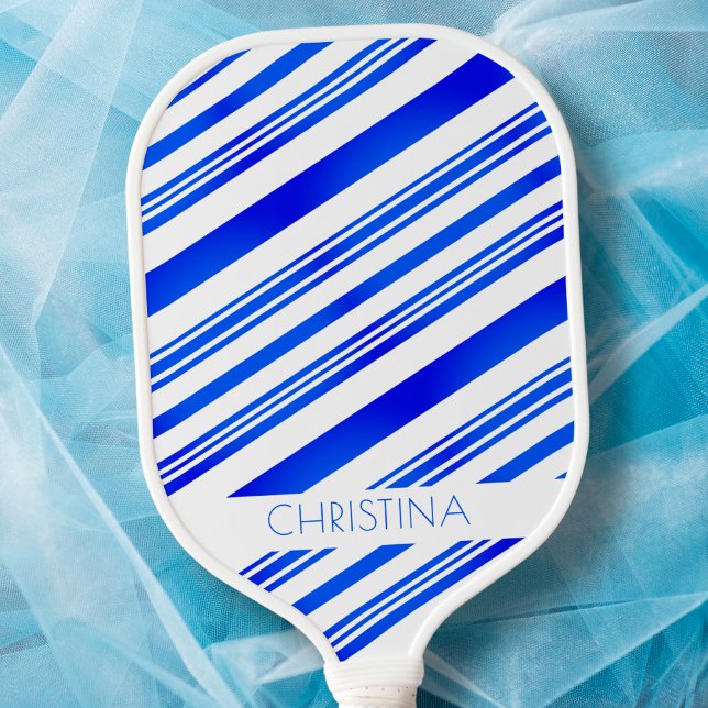 Blue and White Stripes Modern Elegant Custom Name Pickleball Paddle (Creator Uploaded)