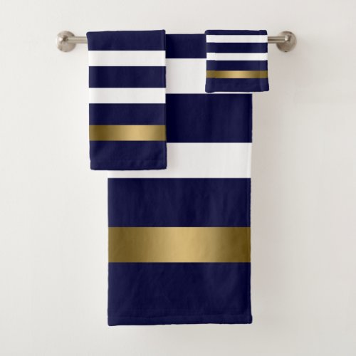 Blue and white stripes pattern gold accents bath towel set